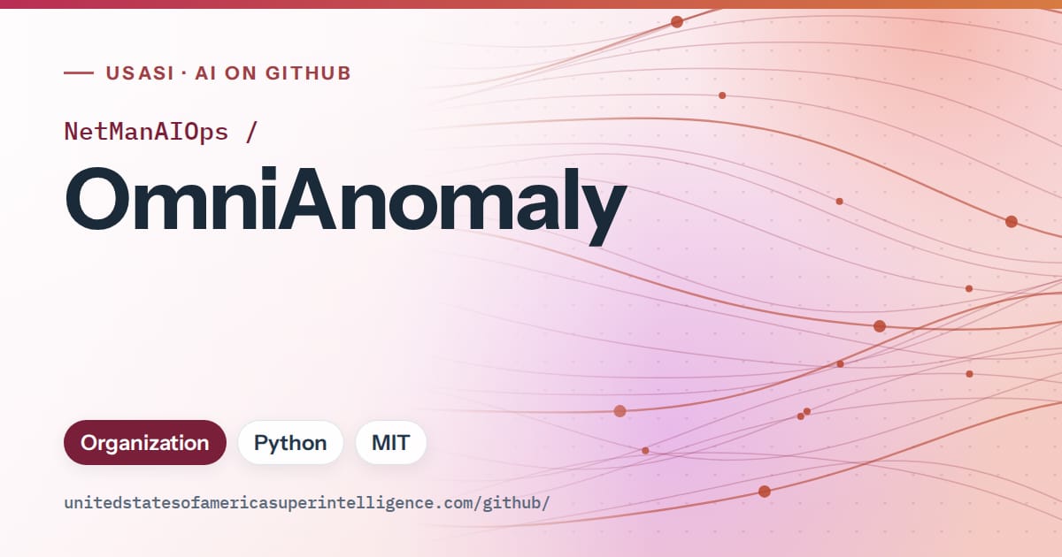Generated pink flowing-wave artwork for NetManAIOps/OmniAnomaly, labeled USASI · AI on GitHub, with Organization · Python · MIT.