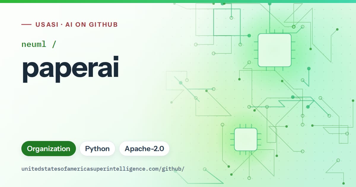 Generated green circuit-trace artwork for neuml/paperai, labeled USASI · AI on GitHub, with Organization · Python · Apache-2.0.