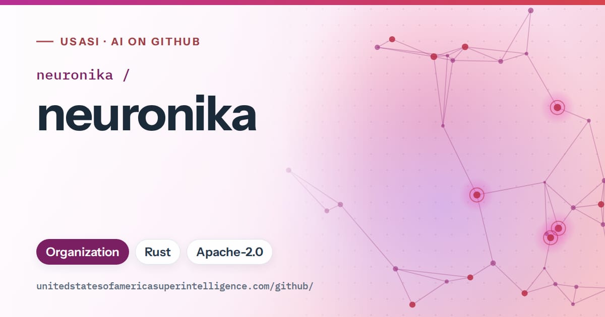 Generated purple constellation network artwork for neuronika/neuronika, labeled USASI · AI on GitHub, with Organization · Rust · Apache-2.0.