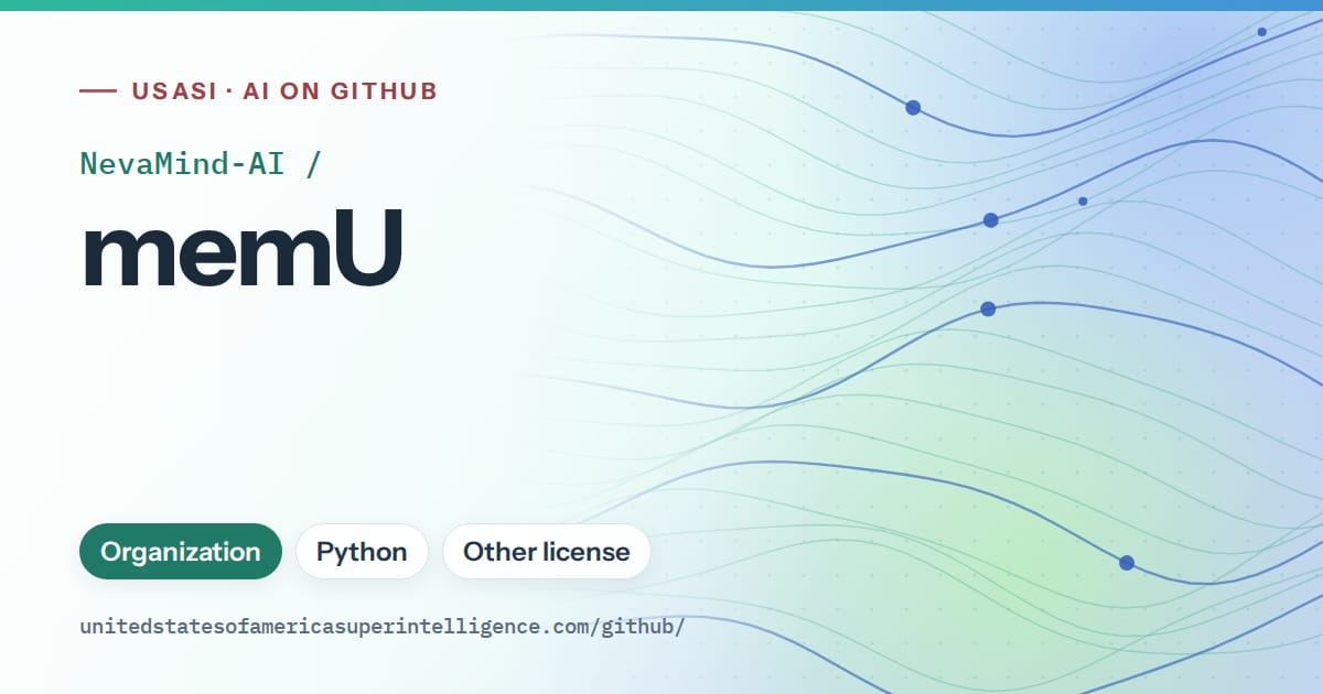 Generated teal flowing-wave artwork for NevaMind-AI/memU, labeled USASI · AI on GitHub, with Organization · Python · Other license.