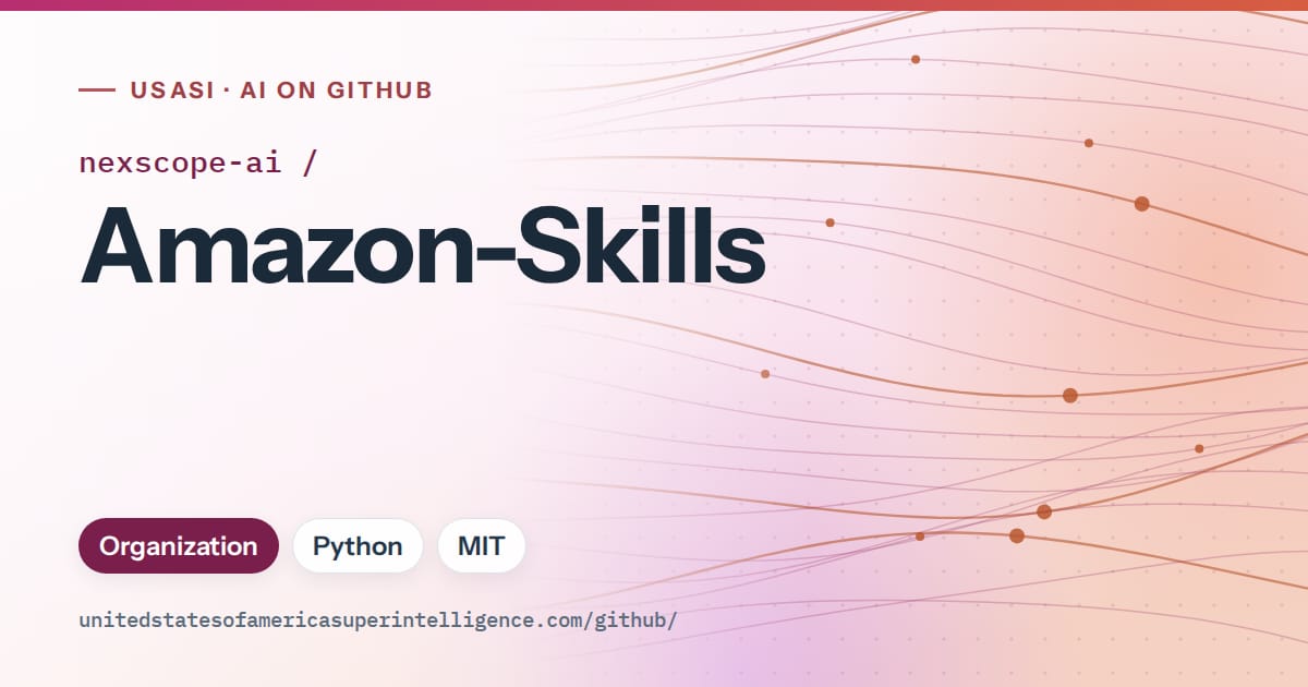 Generated pink flowing-wave artwork for nexscope-ai/Amazon-Skills, labeled USASI · AI on GitHub, with Organization · Python · MIT.