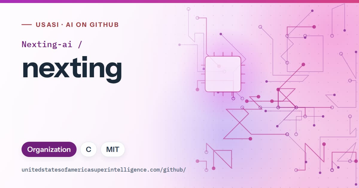 Generated purple circuit-trace artwork for Nexting-ai/nexting, labeled USASI · AI on GitHub, with Organization · C · MIT.