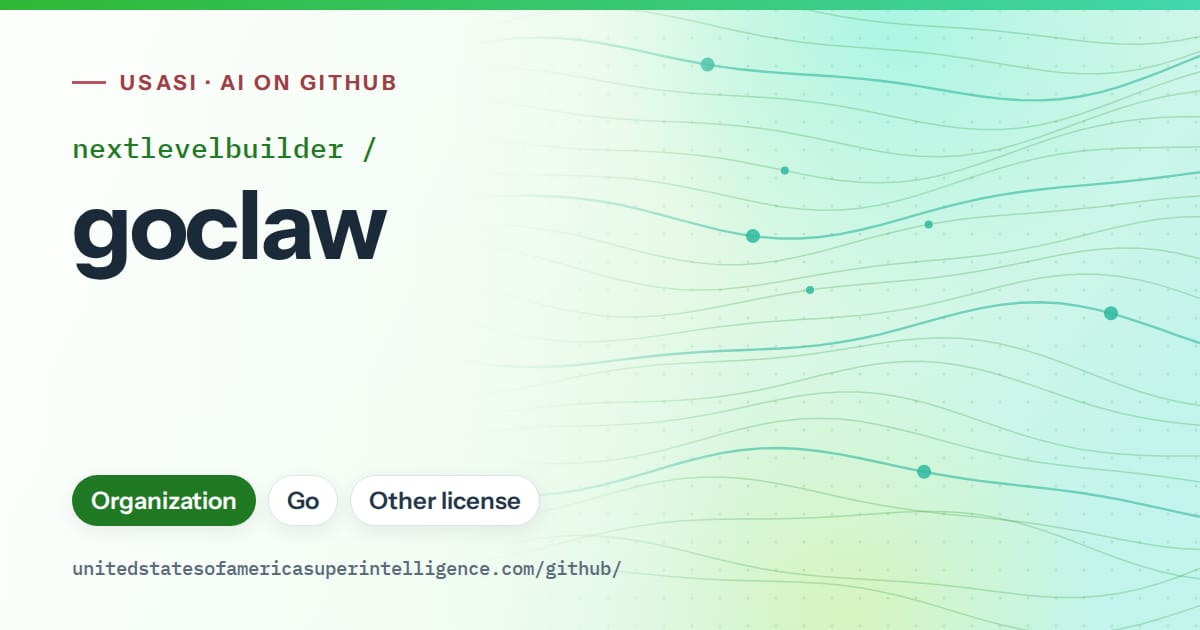 Generated green flowing-wave artwork for nextlevelbuilder/goclaw, labeled USASI · AI on GitHub, with Organization · Go · Other license.