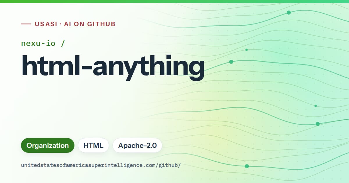 Generated green flowing-wave artwork for nexu-io/html-anything, labeled USASI · AI on GitHub, with Organization · HTML · Apache-2.0.