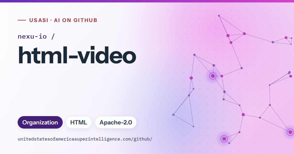 Generated violet constellation network artwork for nexu-io/html-video, labeled USASI · AI on GitHub, with Organization · HTML · Apache-2.0.