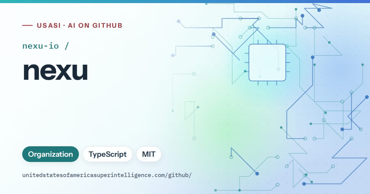 Generated teal circuit-trace artwork for nexu-io/nexu, labeled USASI · AI on GitHub, with Organization · TypeScript · MIT.