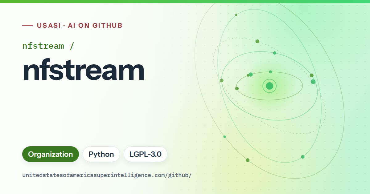 Generated green orbit artwork for nfstream/nfstream, labeled USASI · AI on GitHub, with Organization · Python · LGPL-3.0.