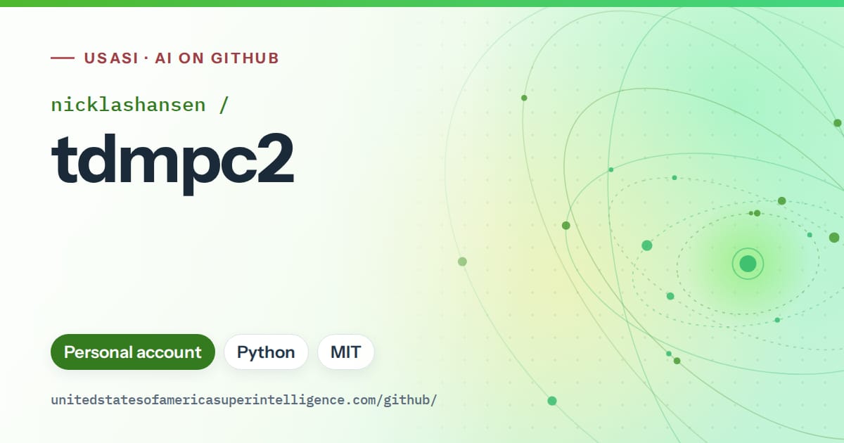 Generated green orbit artwork for nicklashansen/tdmpc2, labeled USASI · AI on GitHub, with Personal account · Python · MIT.