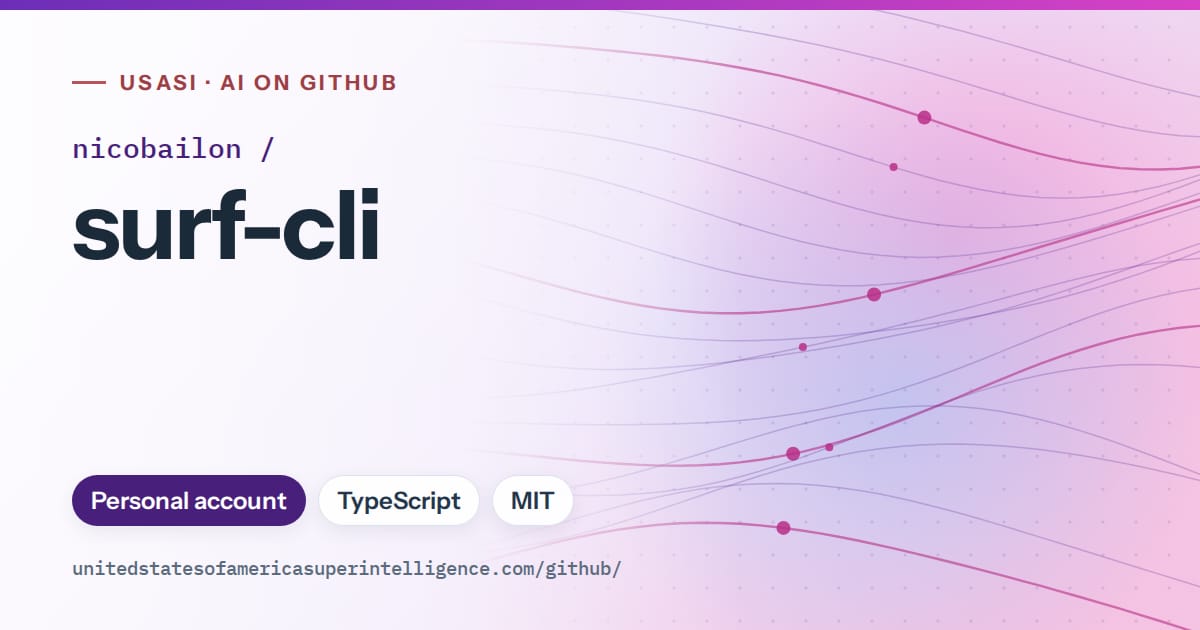 Generated violet flowing-wave artwork for nicobailon/surf-cli, labeled USASI · AI on GitHub, with Personal account · TypeScript · MIT.