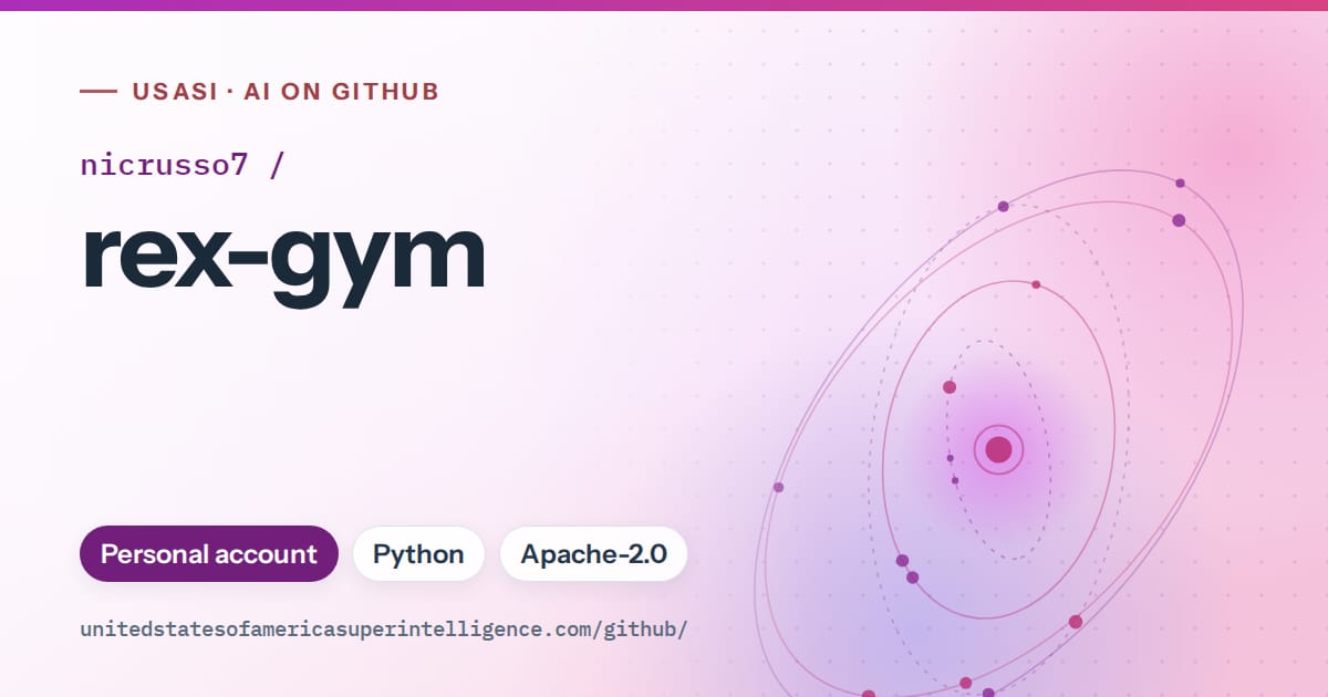 Generated purple orbit artwork for nicrusso7/rex-gym, labeled USASI · AI on GitHub, with Personal account · Python · Apache-2.0.