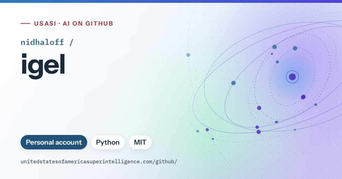 Generated sky blue orbit artwork for nidhaloff/igel, labeled USASI · AI on GitHub, with Personal account · Python · MIT.