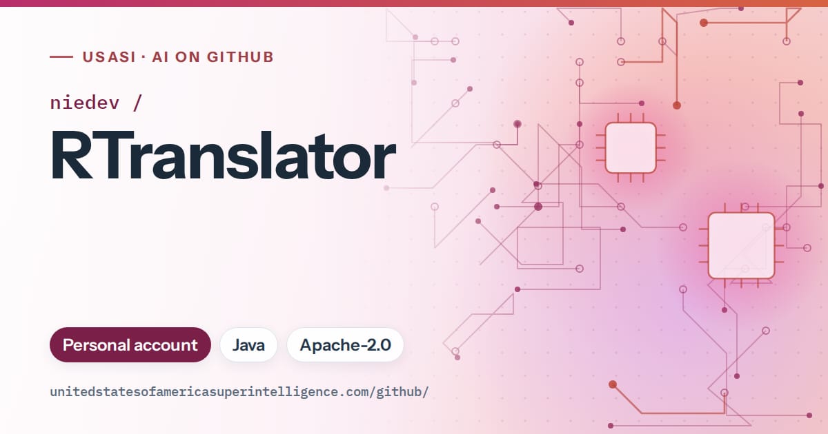 Generated pink circuit-trace artwork for niedev/RTranslator, labeled USASI · AI on GitHub, with Personal account · Java · Apache-2.0.