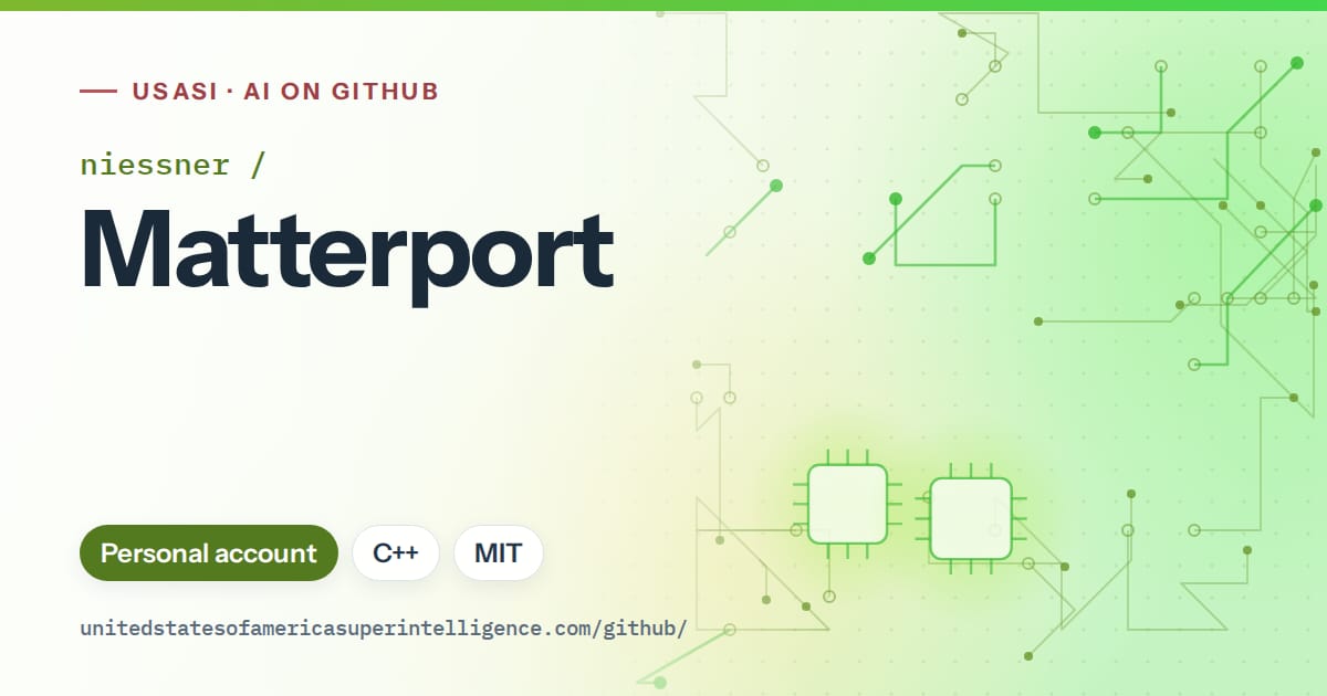 Generated green circuit-trace artwork for niessner/Matterport, labeled USASI · AI on GitHub, with Personal account · C++ · MIT.