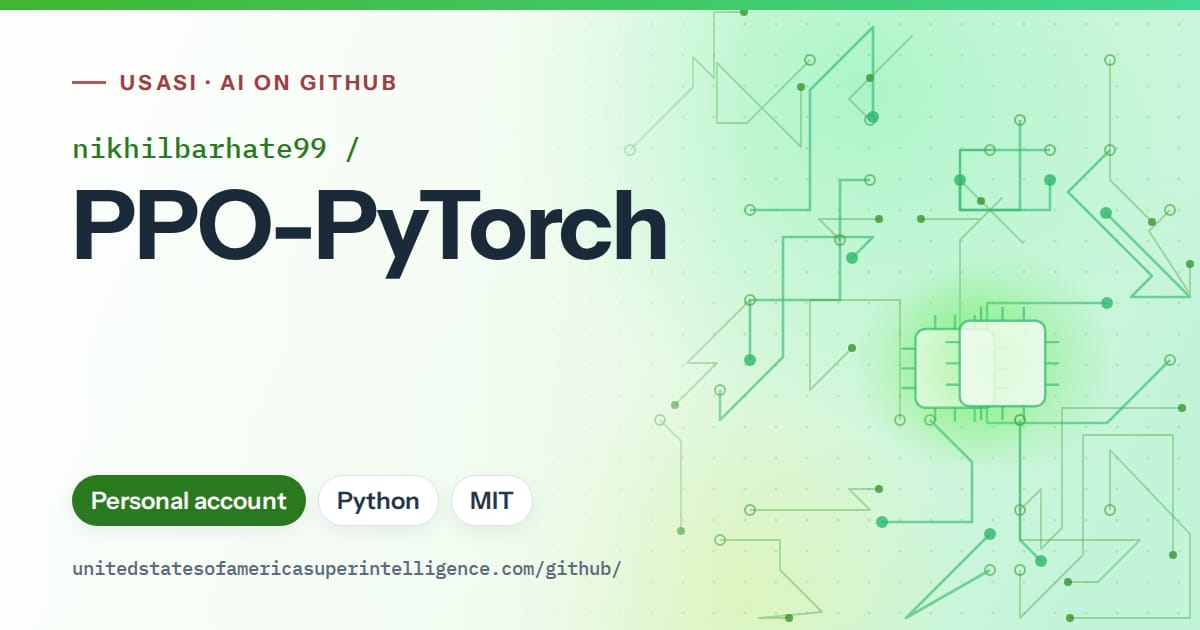 Generated green circuit-trace artwork for nikhilbarhate99/PPO-PyTorch, labeled USASI · AI on GitHub, with Personal account · Python · MIT.