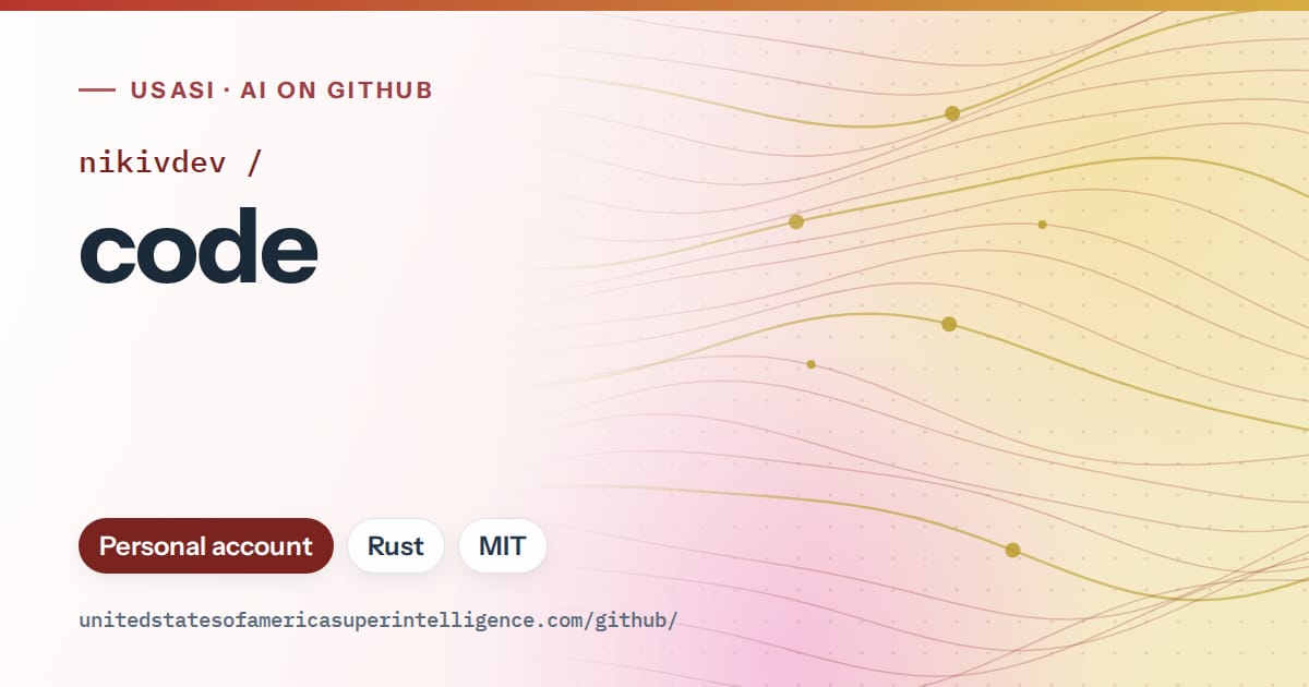 Generated red flowing-wave artwork for nikivdev/code, labeled USASI · AI on GitHub, with Personal account · Rust · MIT.