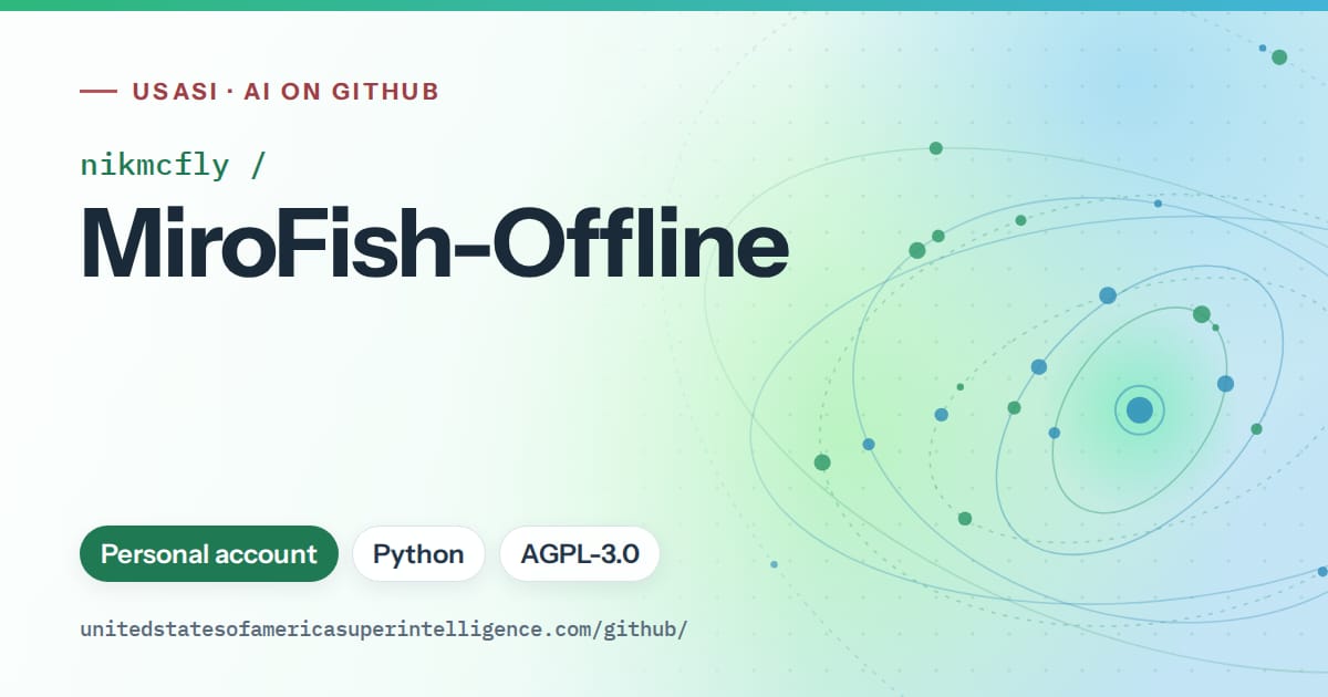 Generated teal orbit artwork for nikmcfly/MiroFish-Offline, labeled USASI · AI on GitHub, with Personal account · Python · AGPL-3.0.