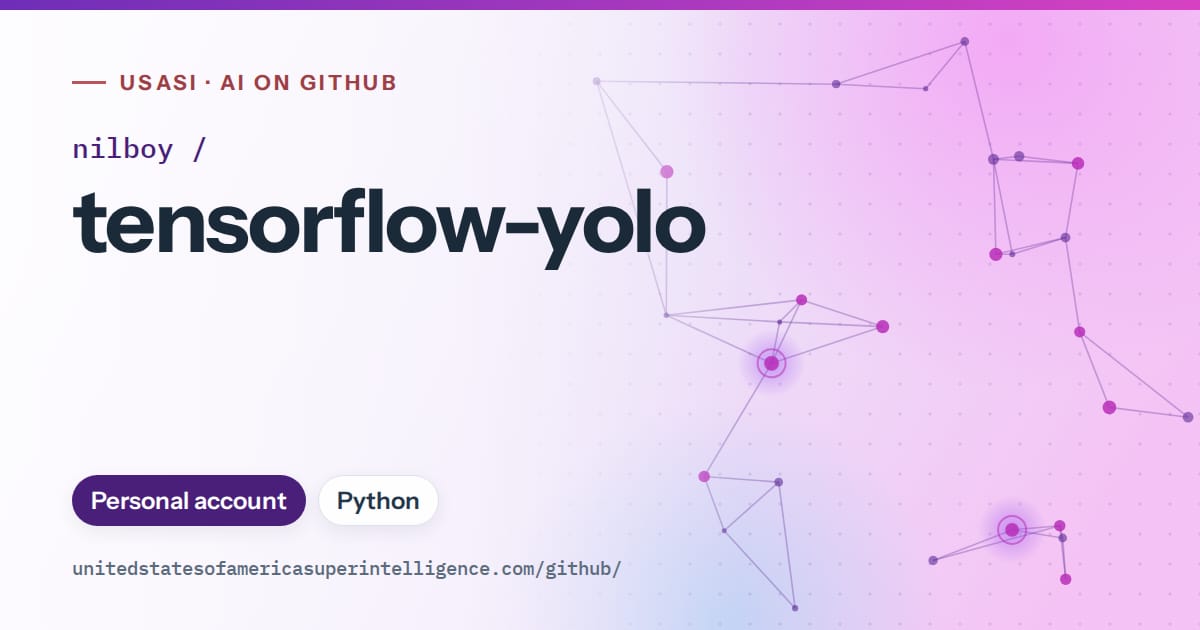 Generated violet constellation network artwork for nilboy/tensorflow-yolo, labeled USASI · AI on GitHub, with Personal account · Python.