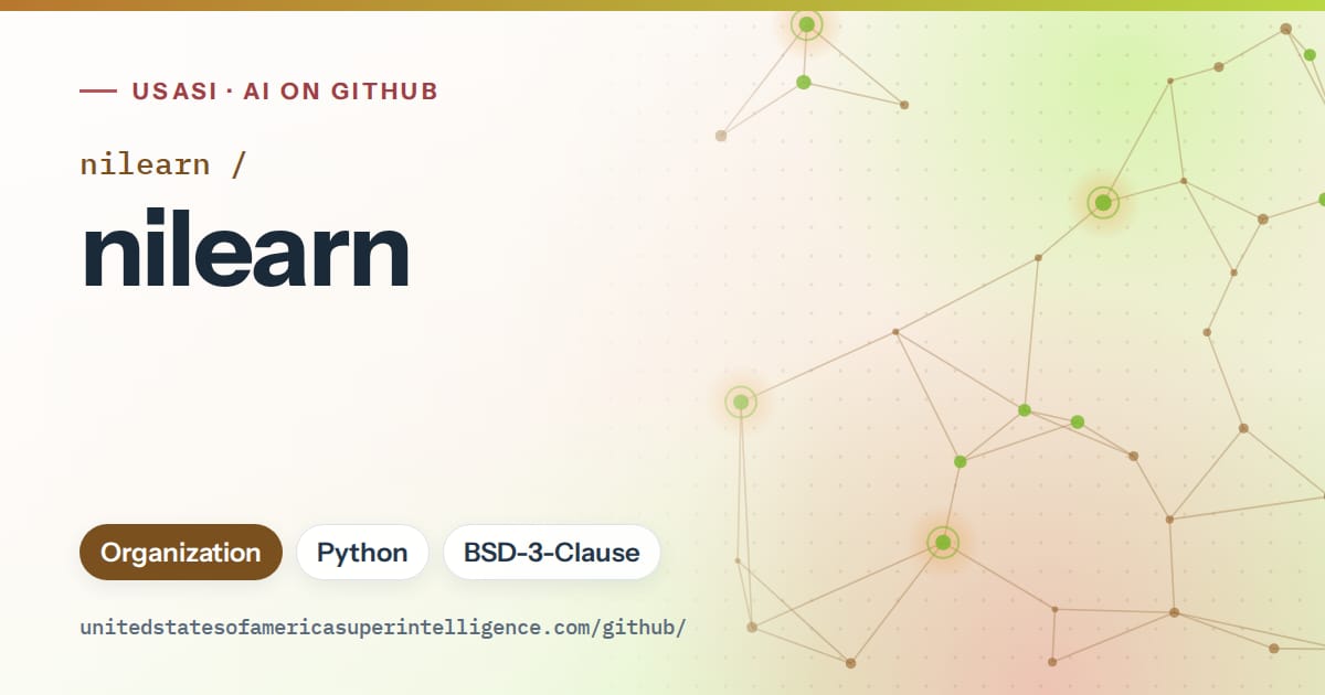 Generated orange constellation network artwork for nilearn/nilearn, labeled USASI · AI on GitHub, with Organization · Python · BSD-3-Clause.