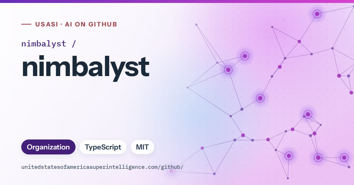Generated violet constellation network artwork for nimbalyst/nimbalyst, labeled USASI · AI on GitHub, with Organization · TypeScript · MIT.