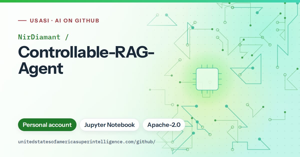 Generated green circuit-trace artwork for NirDiamant/Controllable-RAG-Agent, labeled USASI · AI on GitHub, with Personal account · Jupyter Notebook · Apache-2.0.