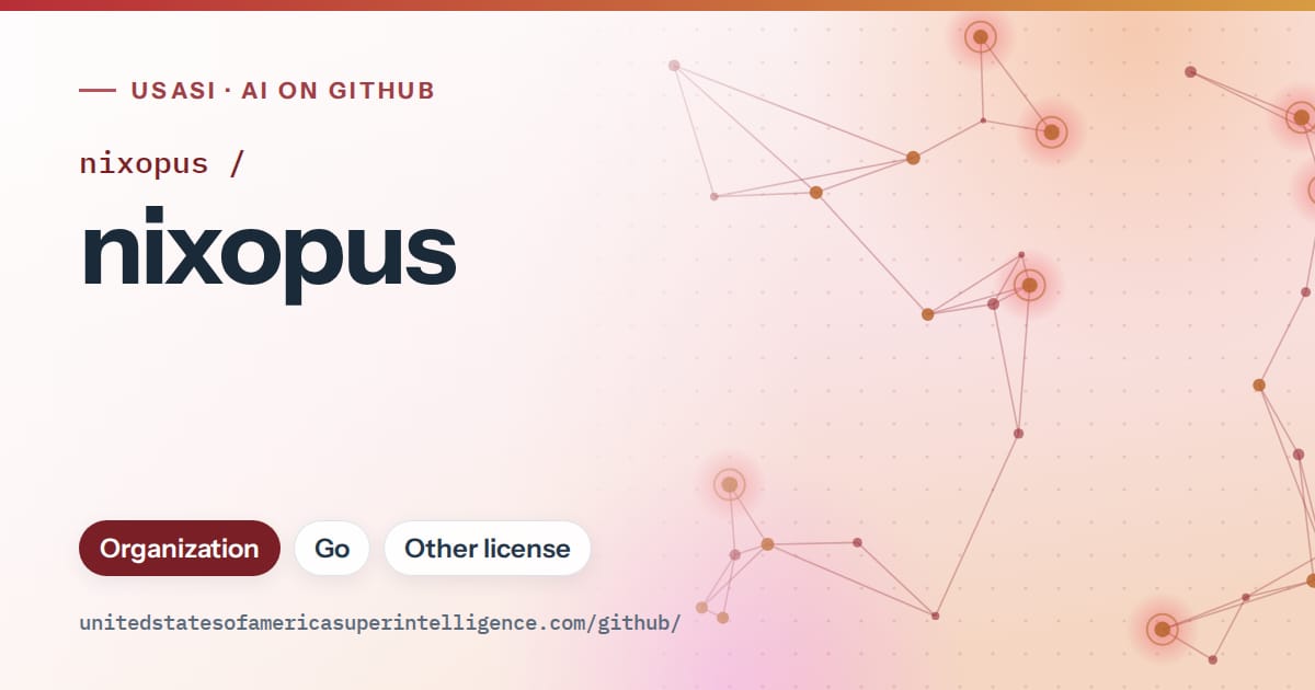 Generated red constellation network artwork for nixopus/nixopus, labeled USASI · AI on GitHub, with Organization · Go · Other license.