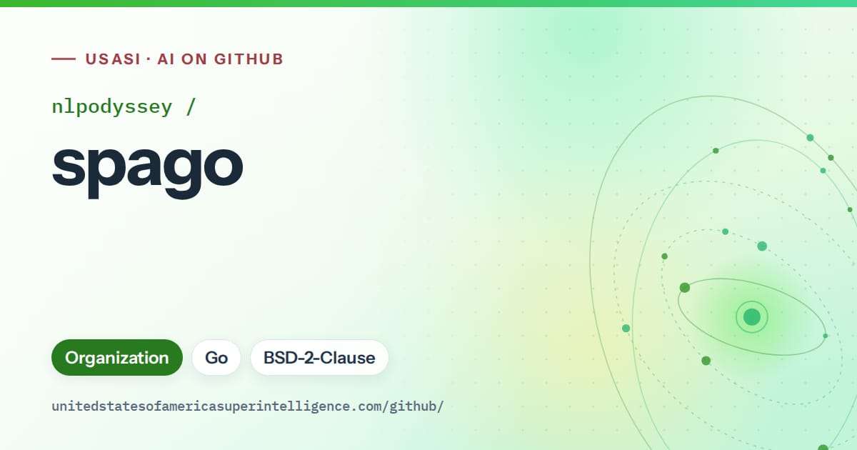 Generated green orbit artwork for nlpodyssey/spago, labeled USASI · AI on GitHub, with Organization · Go · BSD-2-Clause.