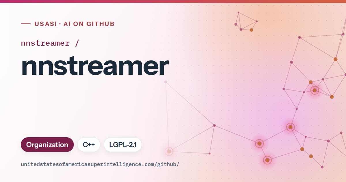 Generated pink constellation network artwork for nnstreamer/nnstreamer, labeled USASI · AI on GitHub, with Organization · C++ · LGPL-2.1.