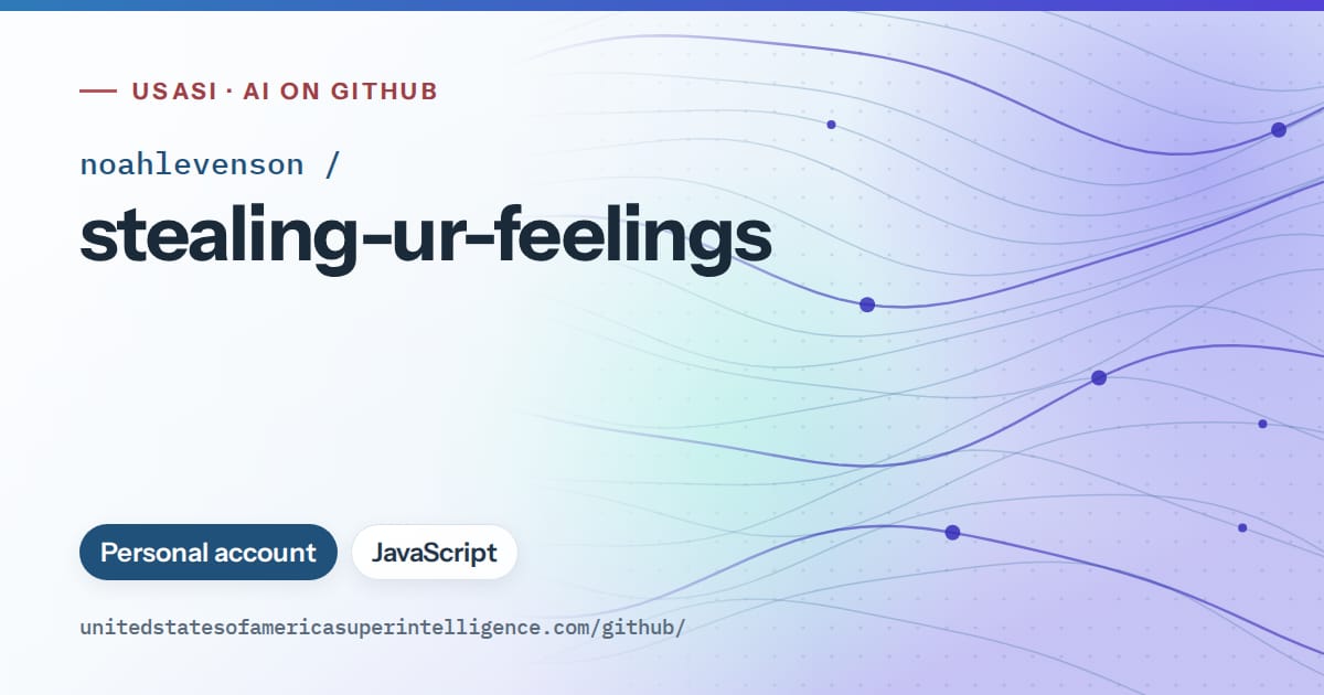 Generated sky blue flowing-wave artwork for noahlevenson/stealing-ur-feelings, labeled USASI · AI on GitHub, with Personal account · JavaScript.