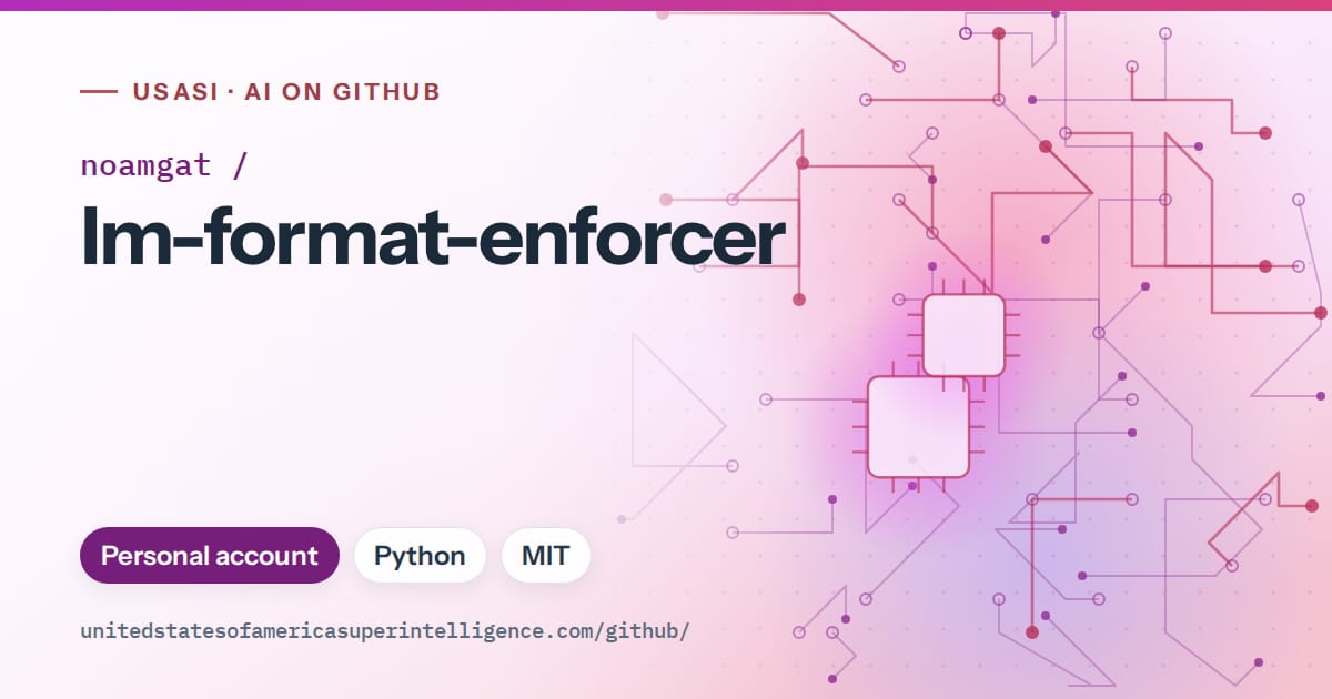 Generated purple circuit-trace artwork for noamgat/lm-format-enforcer, labeled USASI · AI on GitHub, with Personal account · Python · MIT.