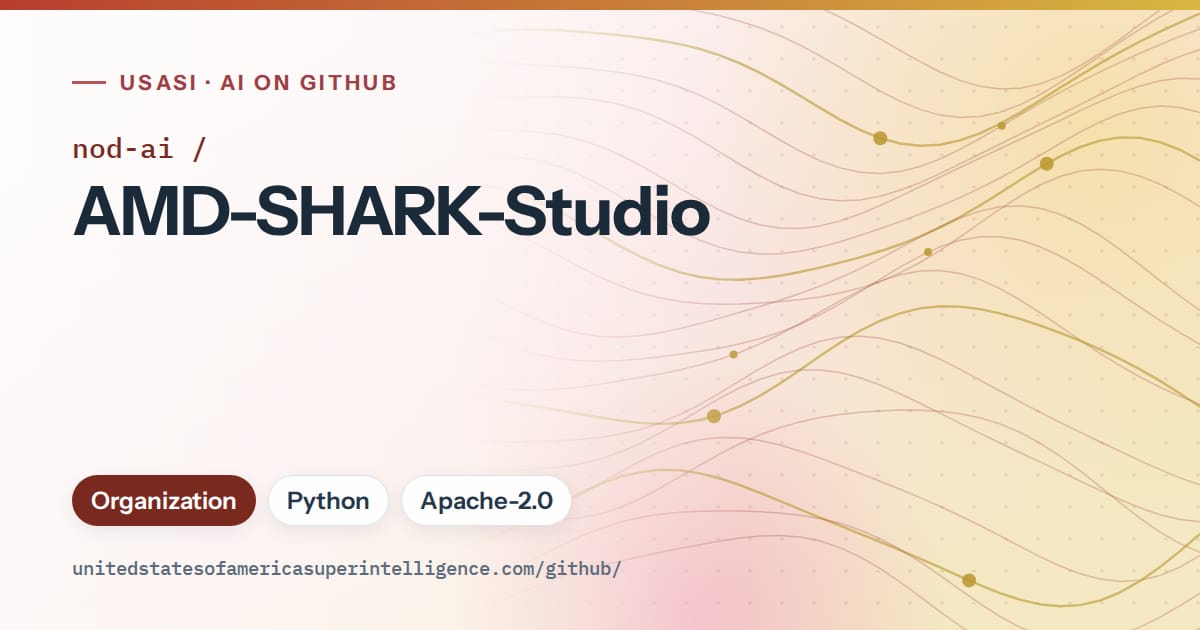 Generated red flowing-wave artwork for nod-ai/AMD-SHARK-Studio, labeled USASI · AI on GitHub, with Organization · Python · Apache-2.0.