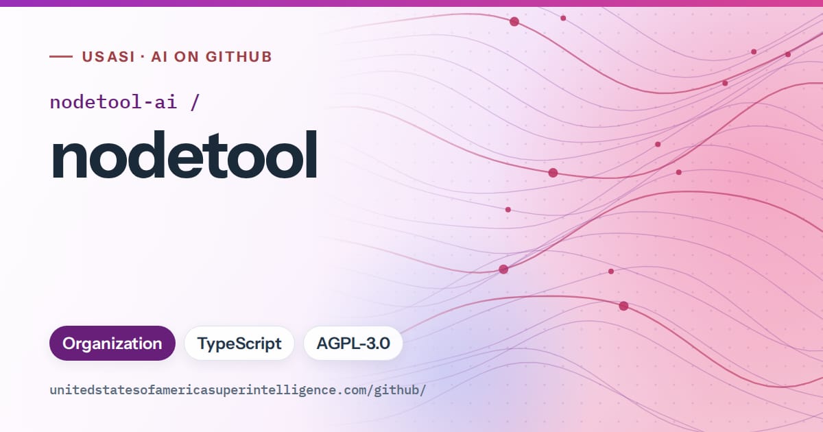 Generated purple flowing-wave artwork for nodetool-ai/nodetool, labeled USASI · AI on GitHub, with Organization · TypeScript · AGPL-3.0.