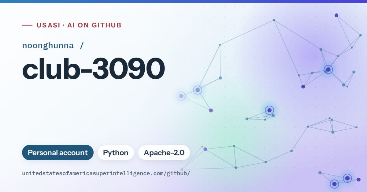 Generated sky blue constellation network artwork for noonghunna/club-3090, labeled USASI · AI on GitHub, with Personal account · Python · Apache-2.0.
