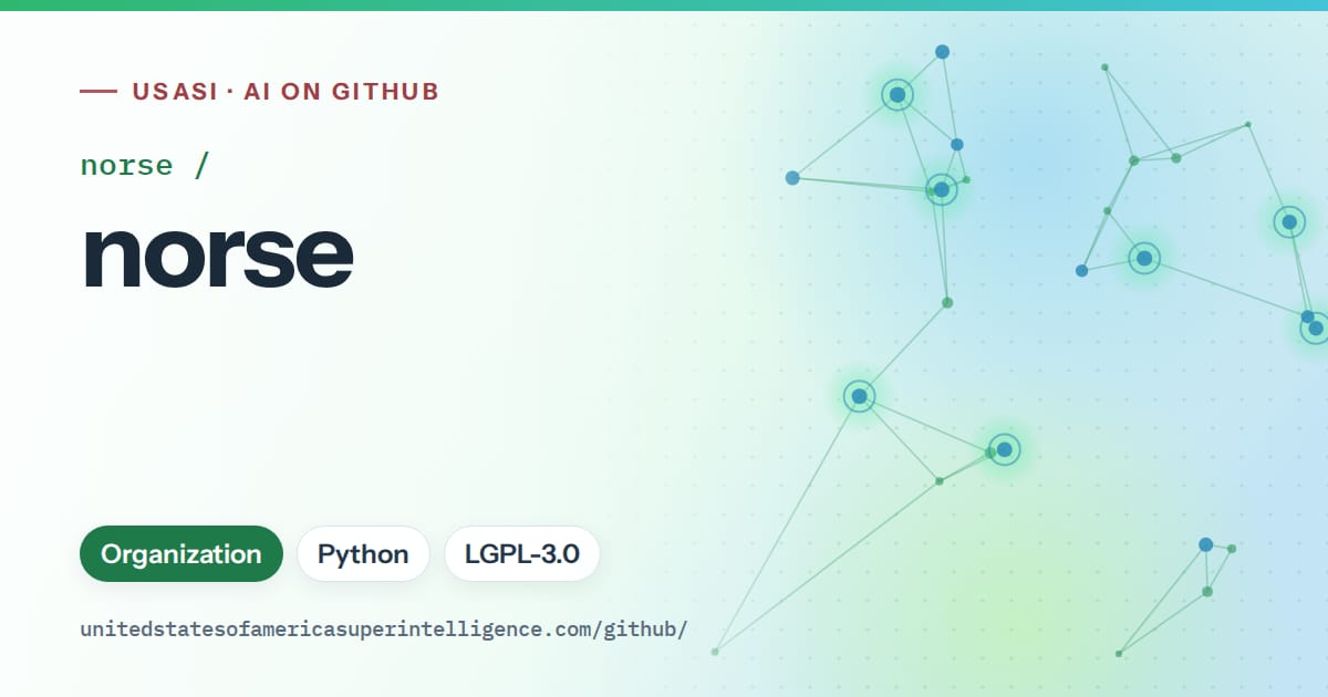 Generated green constellation network artwork for norse/norse, labeled USASI · AI on GitHub, with Organization · Python · LGPL-3.0.