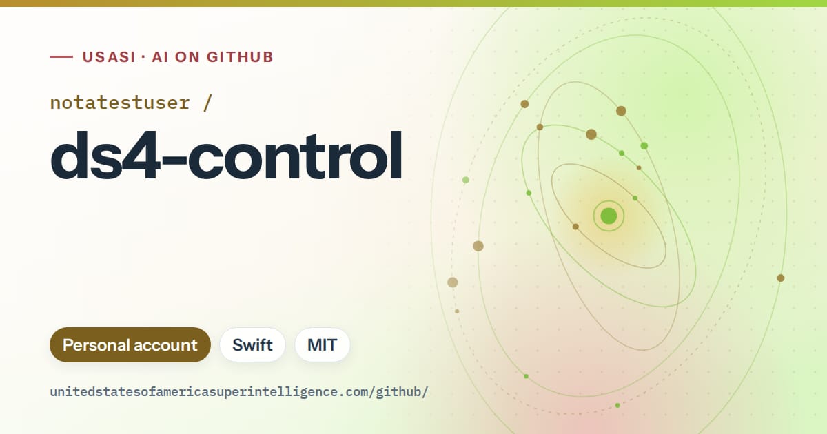 Generated orange orbit artwork for notatestuser/ds4-control, labeled USASI · AI on GitHub, with Personal account · Swift · MIT.