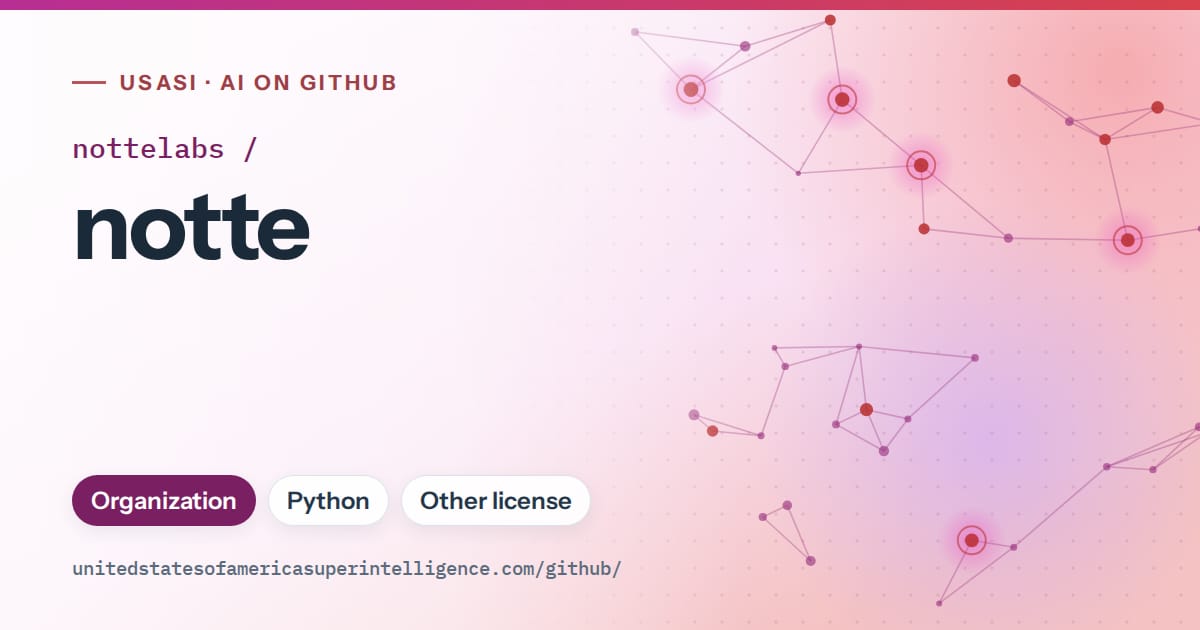 Generated purple constellation network artwork for nottelabs/notte, labeled USASI · AI on GitHub, with Organization · Python · Other license.