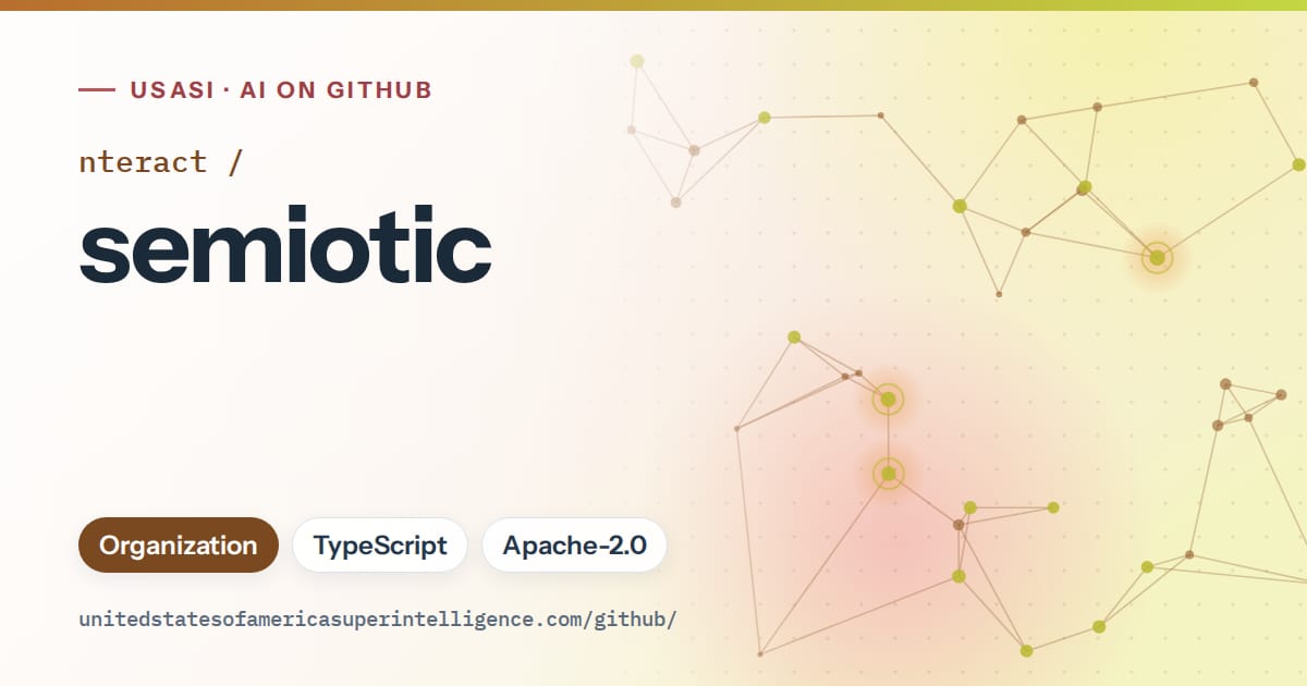 Generated orange constellation network artwork for nteract/semiotic, labeled USASI · AI on GitHub, with Organization · TypeScript · Apache-2.0.