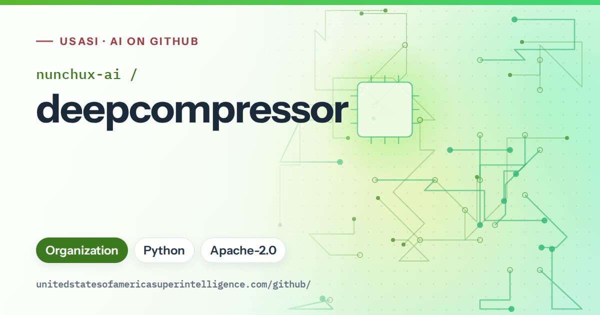 Generated green circuit-trace artwork for nunchux-ai/deepcompressor, labeled USASI · AI on GitHub, with Organization · Python · Apache-2.0.