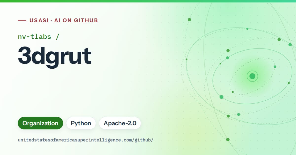 Generated green orbit artwork for nv-tlabs/3dgrut, labeled USASI · AI on GitHub, with Organization · Python · Apache-2.0.