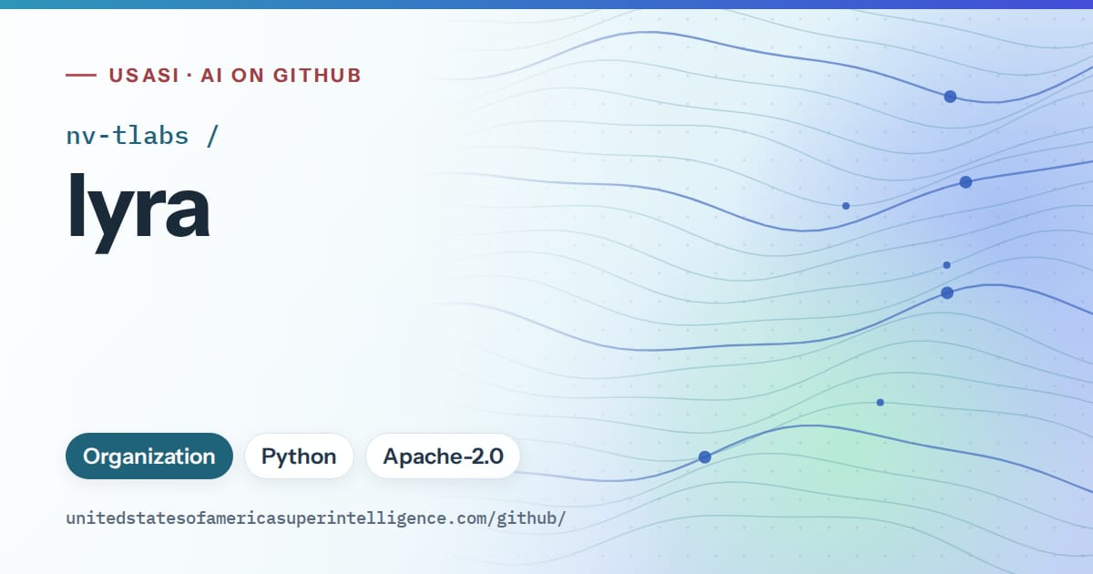 Generated sky blue flowing-wave artwork for nv-tlabs/lyra, labeled USASI · AI on GitHub, with Organization · Python · Apache-2.0.