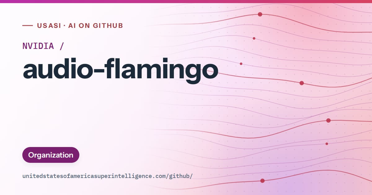 Generated purple flowing-wave artwork for NVIDIA/audio-flamingo, labeled USASI · AI on GitHub, with Organization.
