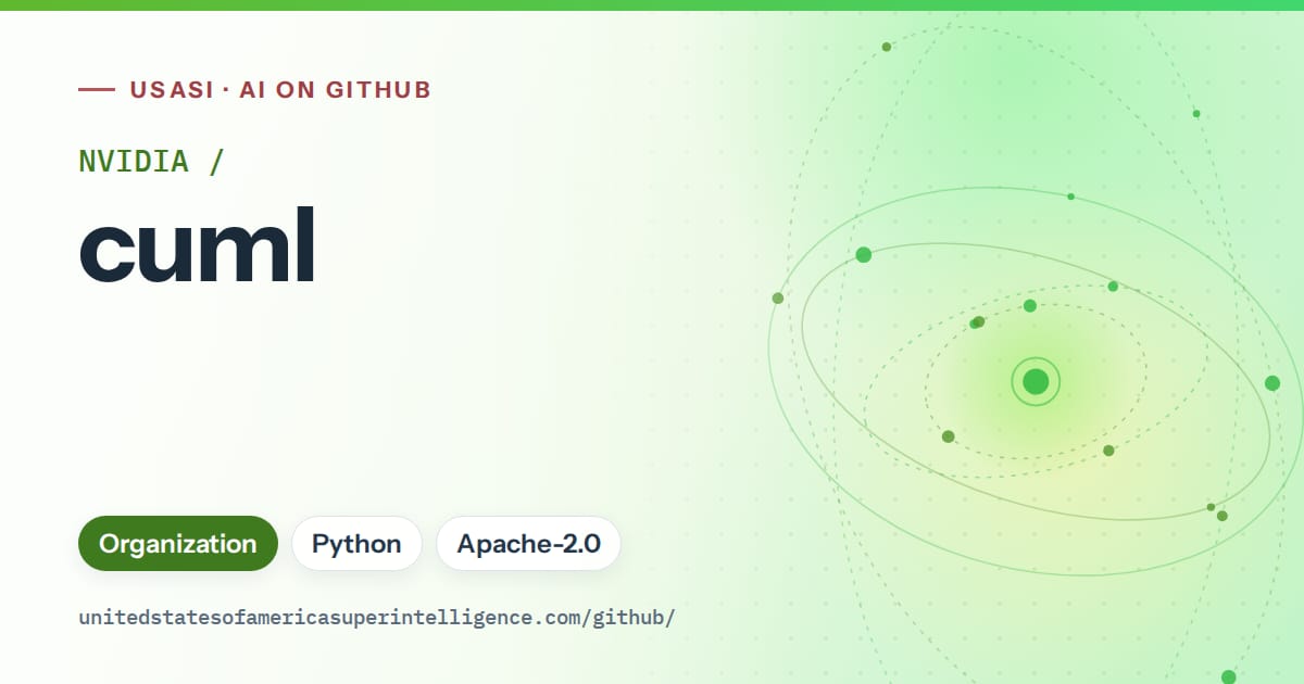 Generated green orbit artwork for NVIDIA/cuml, labeled USASI · AI on GitHub, with Organization · Python · Apache-2.0.