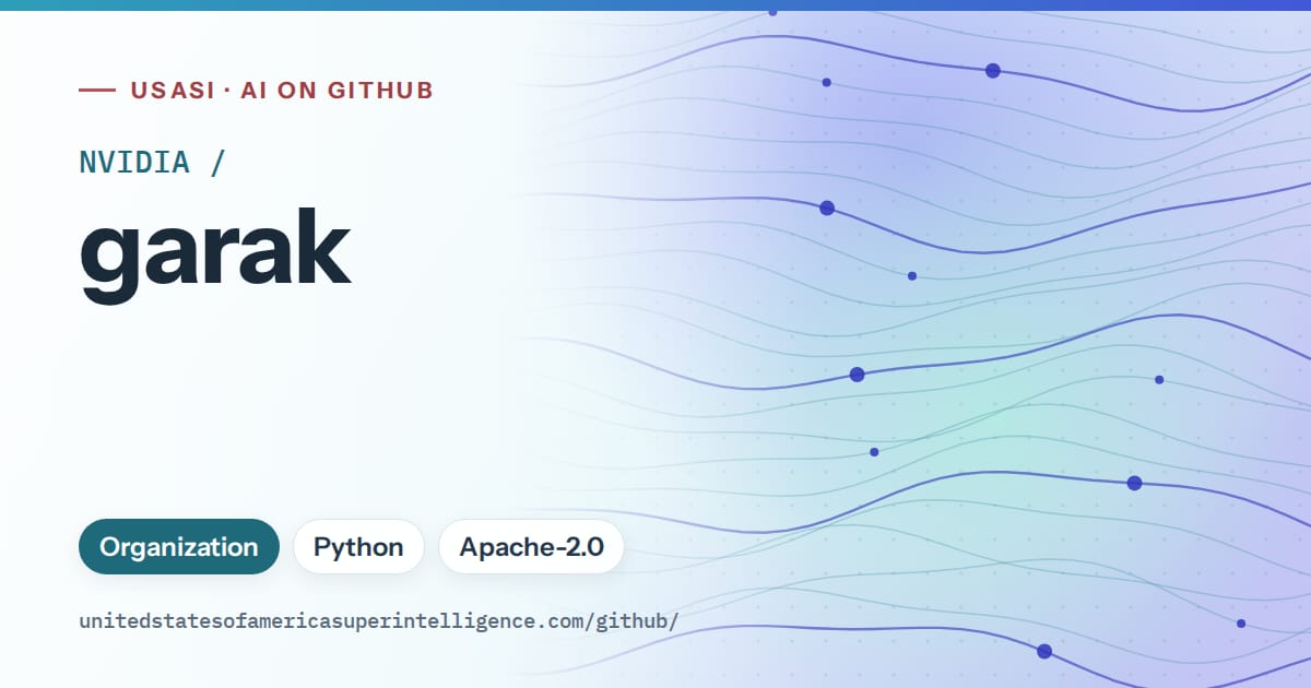 Generated sky blue flowing-wave artwork for NVIDIA/garak, labeled USASI · AI on GitHub, with Organization · Python · Apache-2.0.