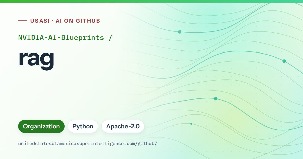 Generated green flowing-wave artwork for NVIDIA-AI-Blueprints/rag, labeled USASI · AI on GitHub, with Organization · Python · Apache-2.0.