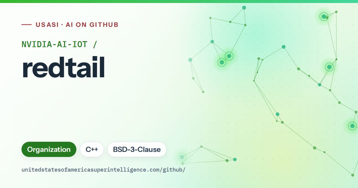 Generated green constellation network artwork for NVIDIA-AI-IOT/redtail, labeled USASI · AI on GitHub, with Organization · C++ · BSD-3-Clause.