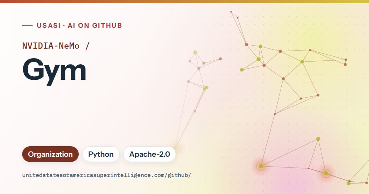 Generated red constellation network artwork for NVIDIA-NeMo/Gym, labeled USASI · AI on GitHub, with Organization · Python · Apache-2.0.