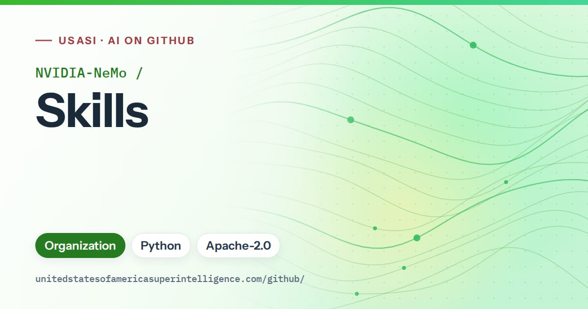 Generated green flowing-wave artwork for NVIDIA-NeMo/Skills, labeled USASI · AI on GitHub, with Organization · Python · Apache-2.0.