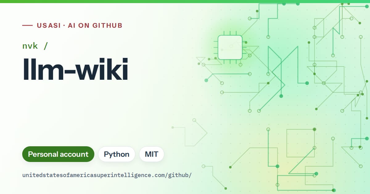 Generated green circuit-trace artwork for nvk/llm-wiki, labeled USASI · AI on GitHub, with Personal account · Python · MIT.