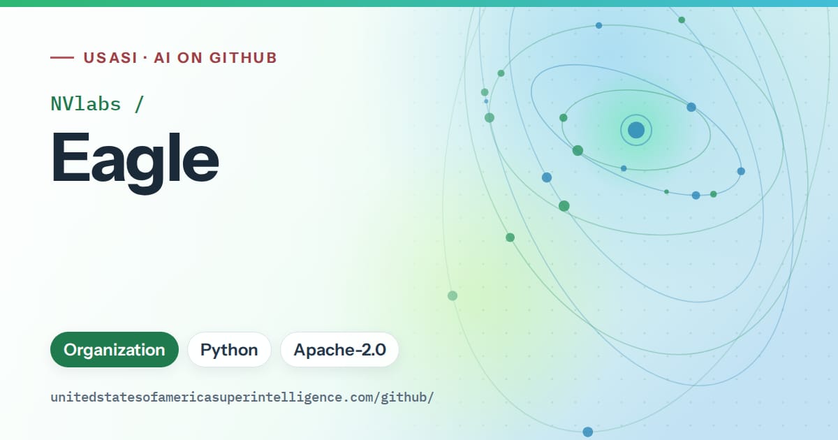 Generated teal orbit artwork for NVlabs/Eagle, labeled USASI · AI on GitHub, with Organization · Python · Apache-2.0.