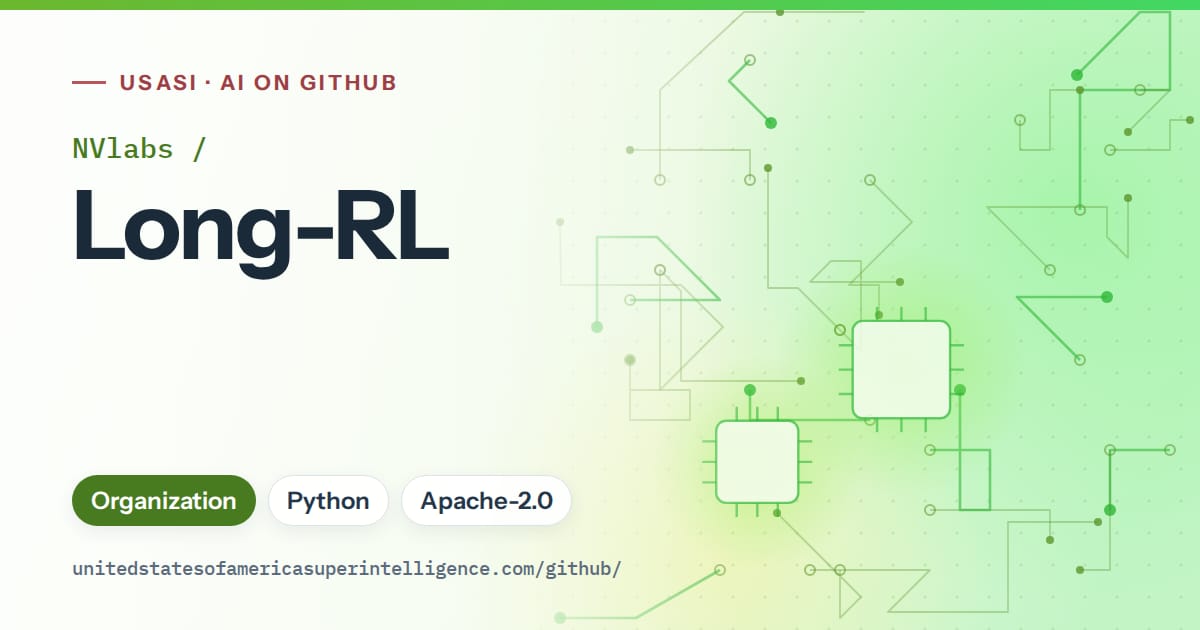 Generated green circuit-trace artwork for NVlabs/Long-RL, labeled USASI · AI on GitHub, with Organization · Python · Apache-2.0.