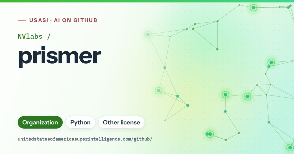 Generated green constellation network artwork for NVlabs/prismer, labeled USASI · AI on GitHub, with Organization · Python · Other license.